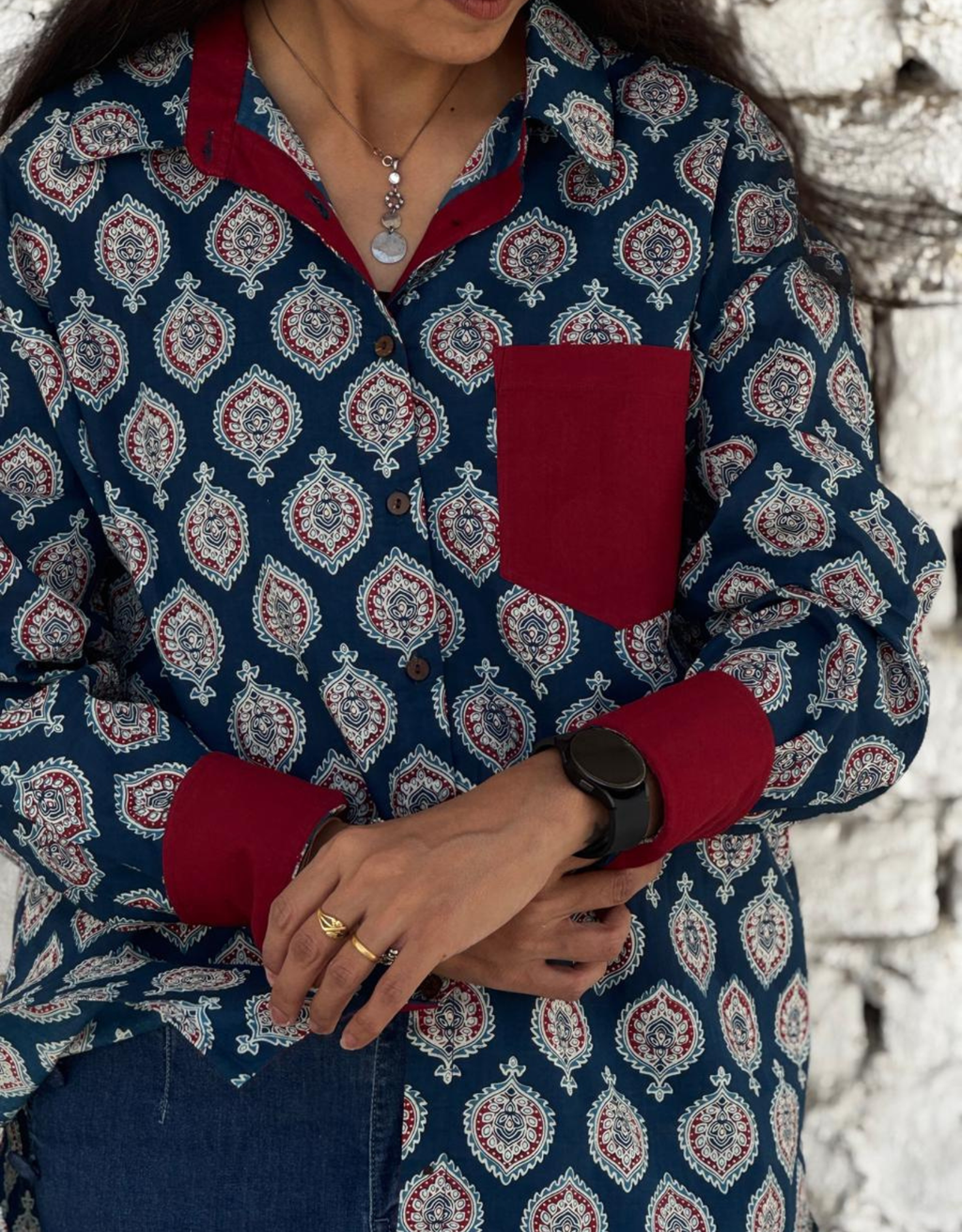 Ajarkh Patta Butti Cotton Oversized Shirt