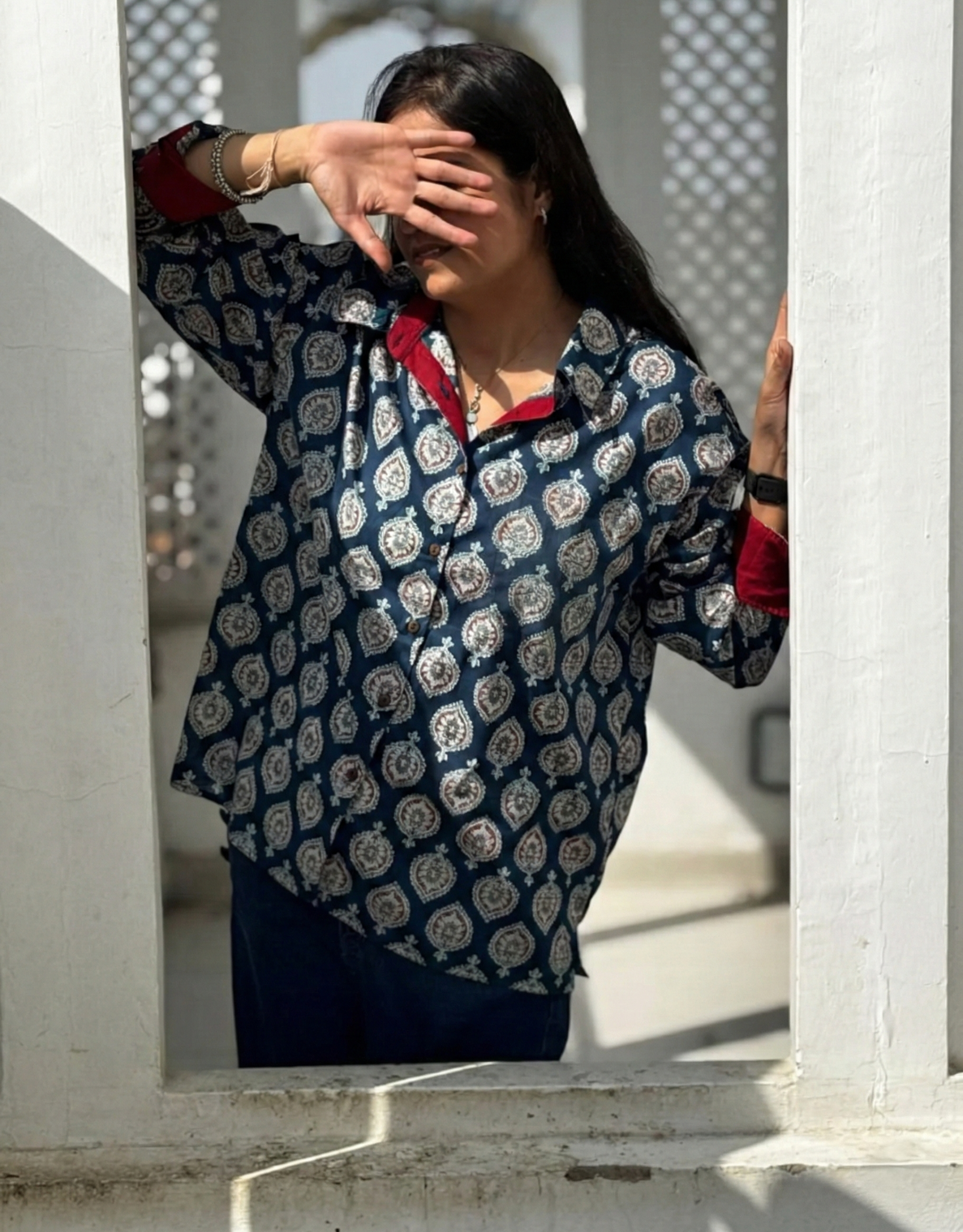 Ajarkh Patta Butti Cotton Oversized Shirt Without Pocket
