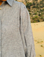 Micro-Check Gathered Sleeve Shirt Dress - B/W
