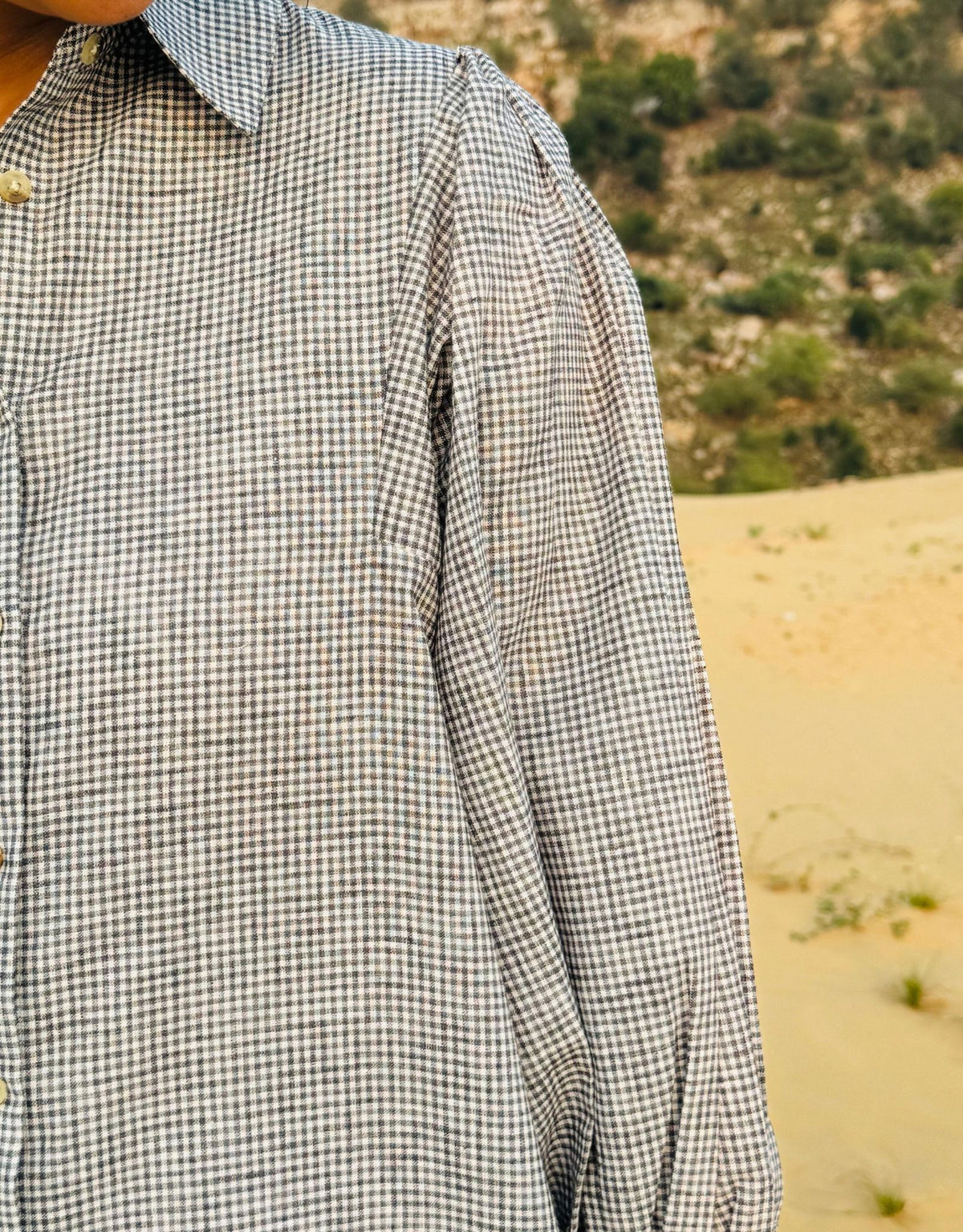 Micro-Check Gathered Sleeve Shirt Dress - B/W