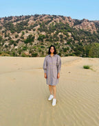 Micro-Check Gathered Sleeve Shirt Dress - B/W