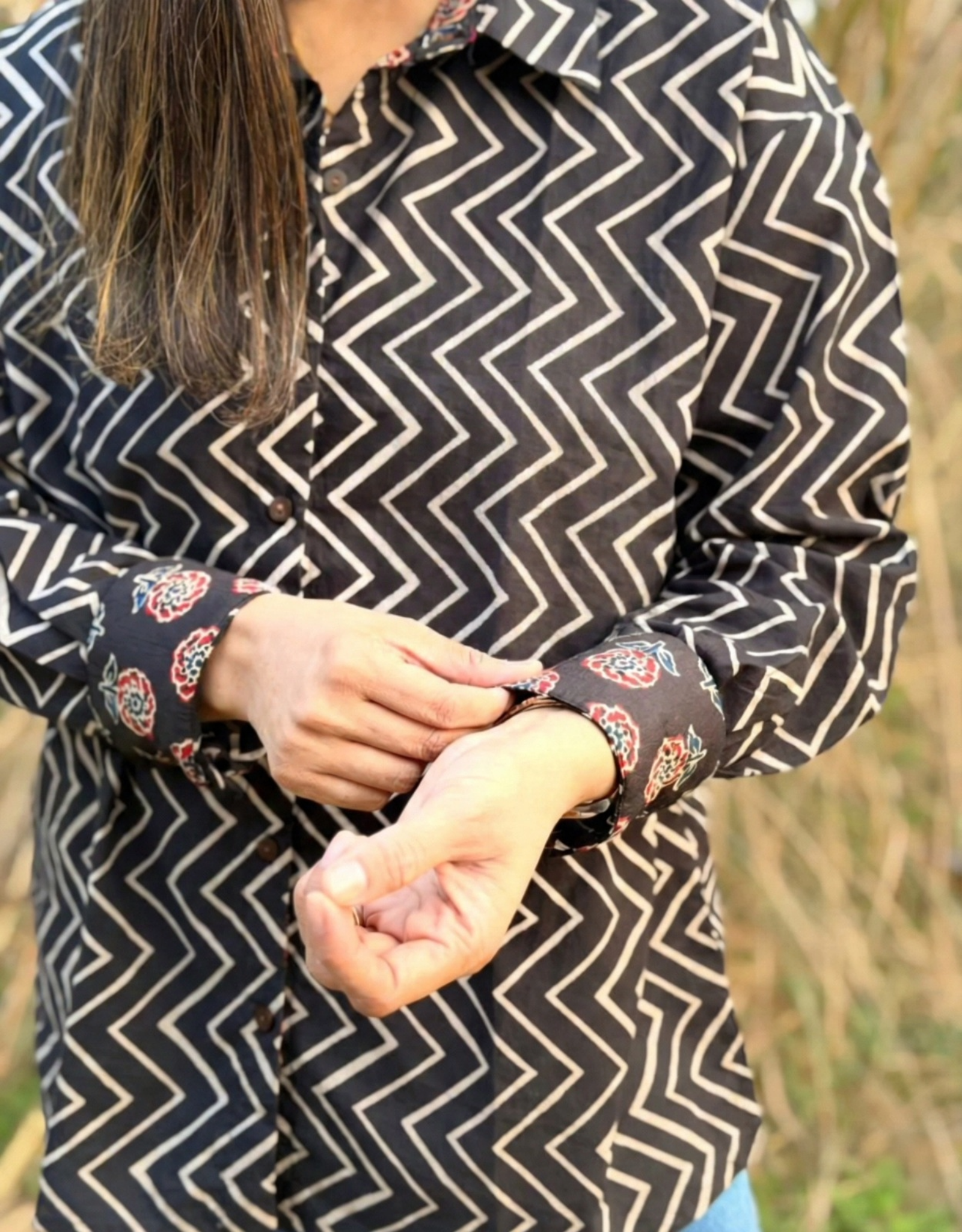 Black Zigzag Gul Cotton Oversized Shirt Without Pocket