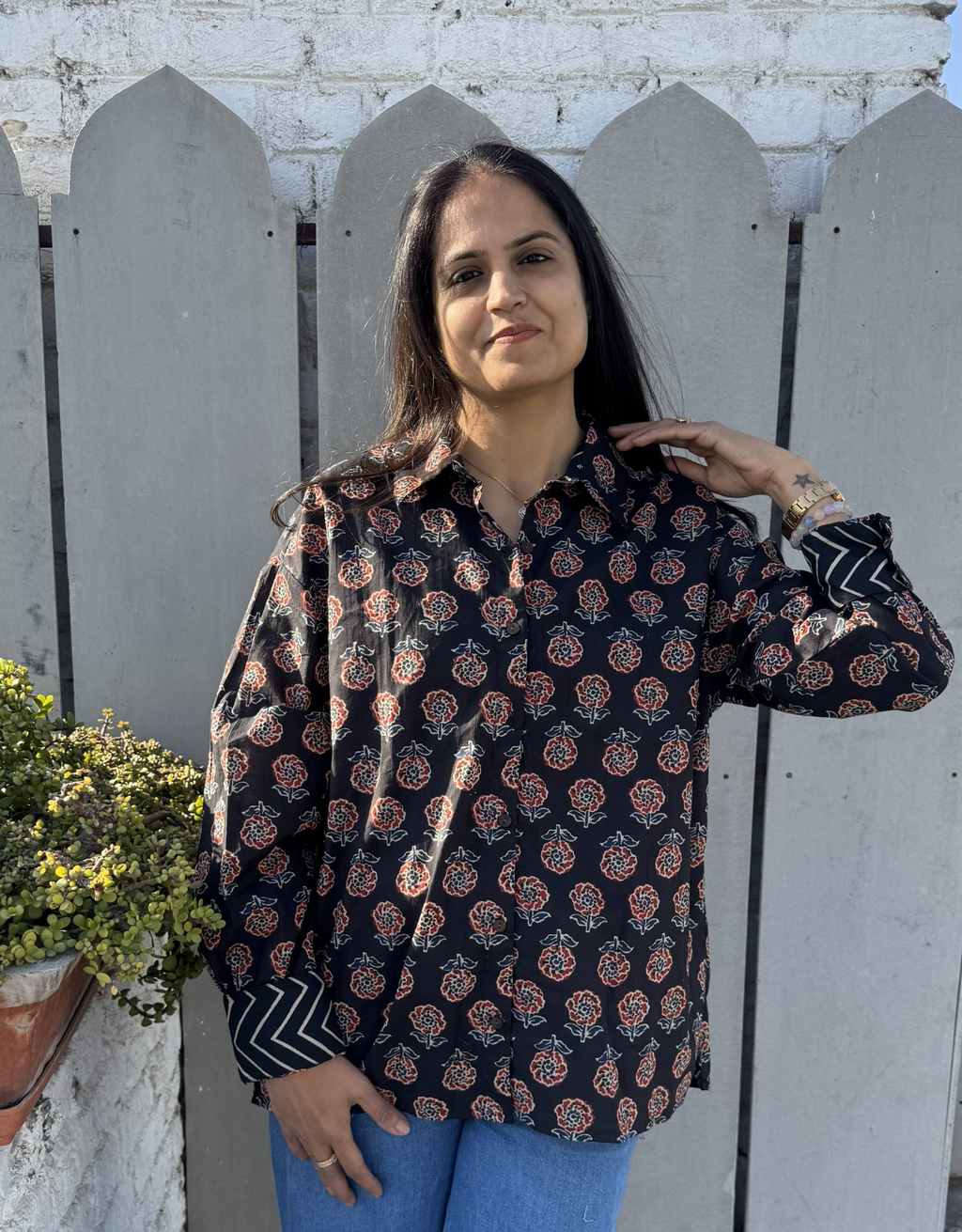 Black Gulmohar Cotton Oversized Shirt Without Pocket