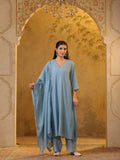 Festive MulChanderi Kurta Set with Dupatta - Pastel Blue