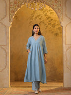 Festive MulChanderi Kurta Set with Dupatta - Pastel Blue