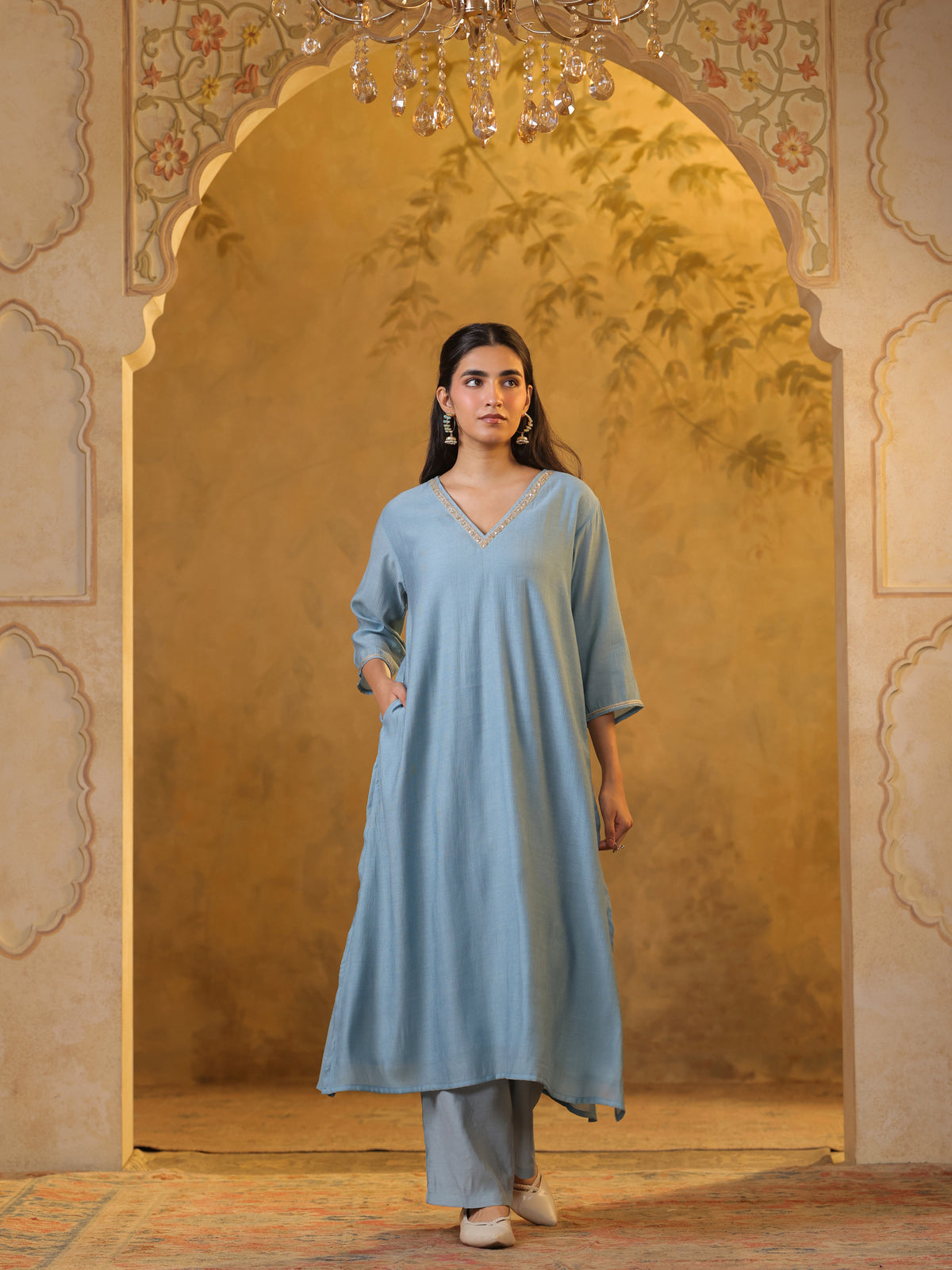Festive MulChanderi Kurta Set with Dupatta - Pastel Blue