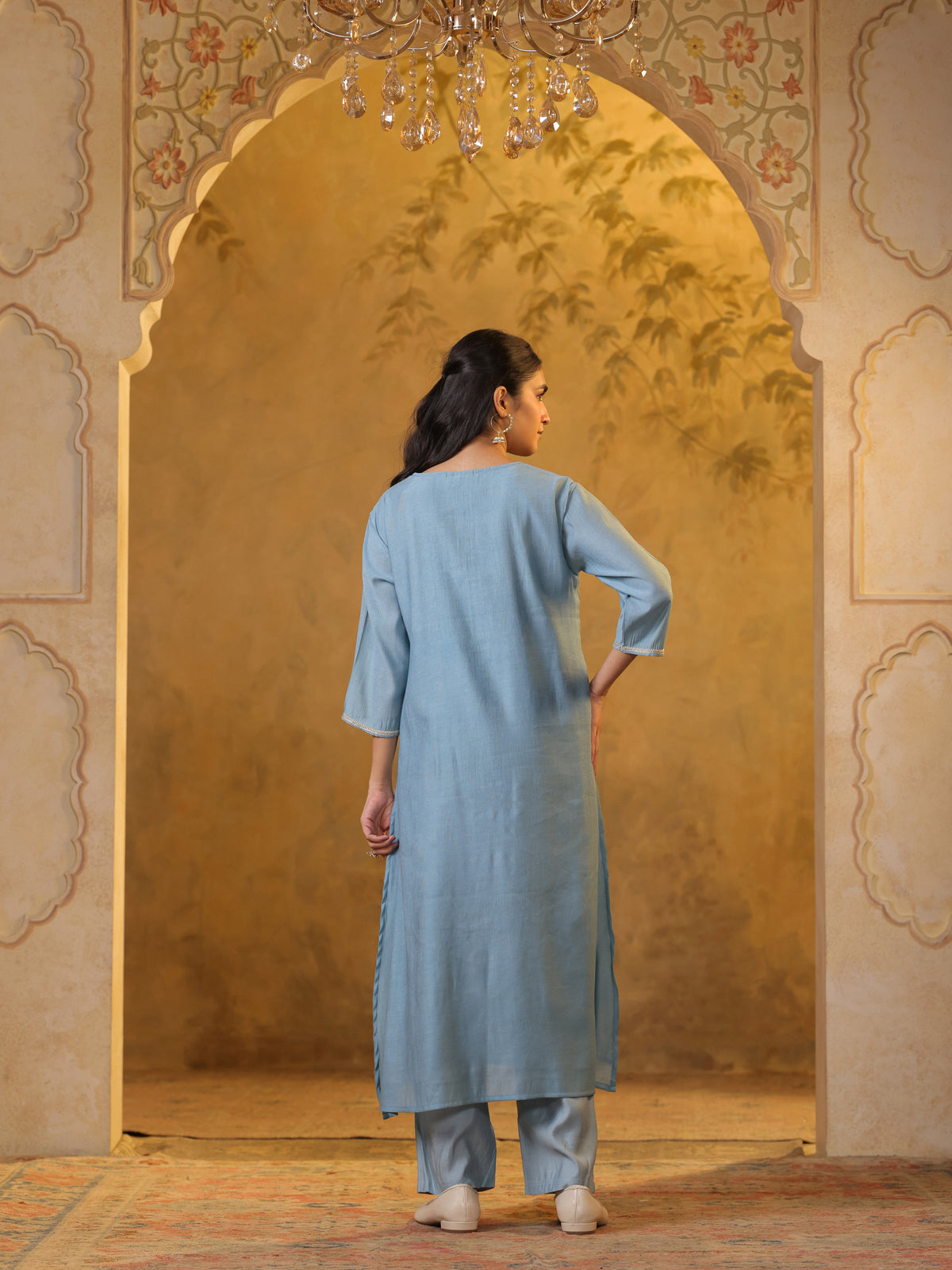 Festive MulChanderi Kurta Set with Dupatta - Pastel Blue