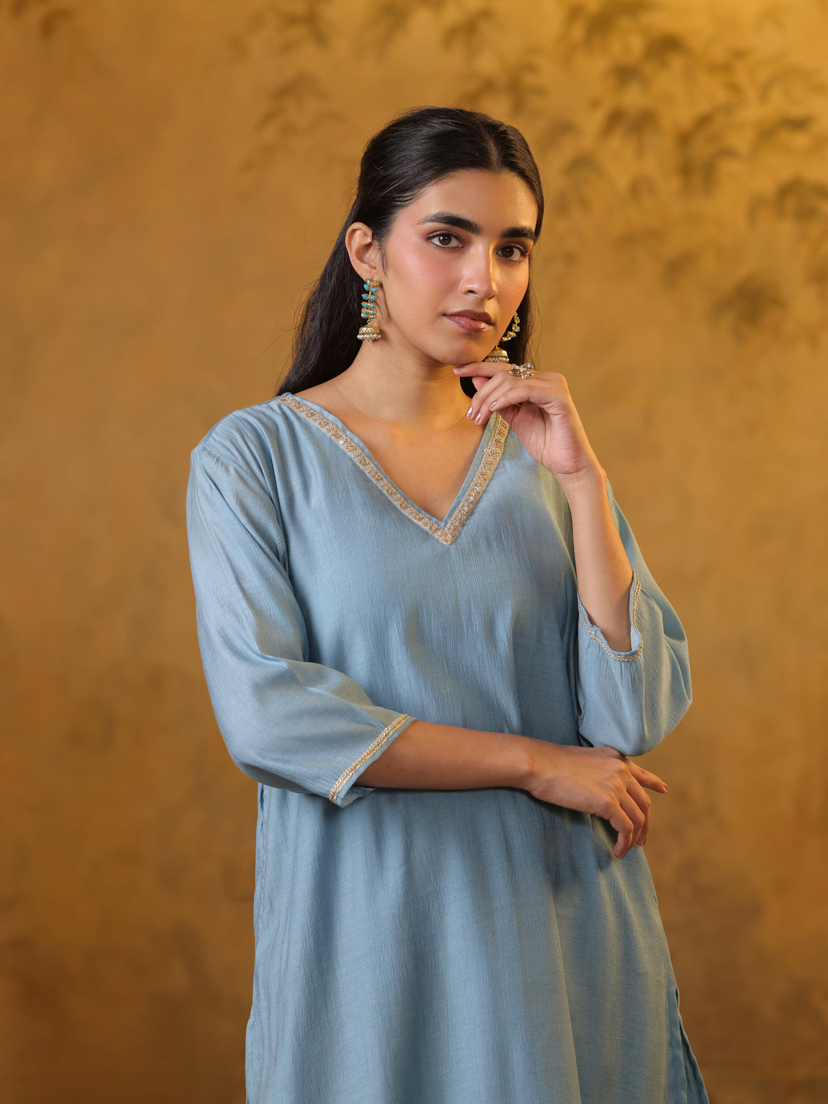 Festive MulChanderi Kurta Set with Dupatta - Pastel Blue