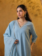 Festive MulChanderi Kurta Set with Dupatta - Pastel Blue