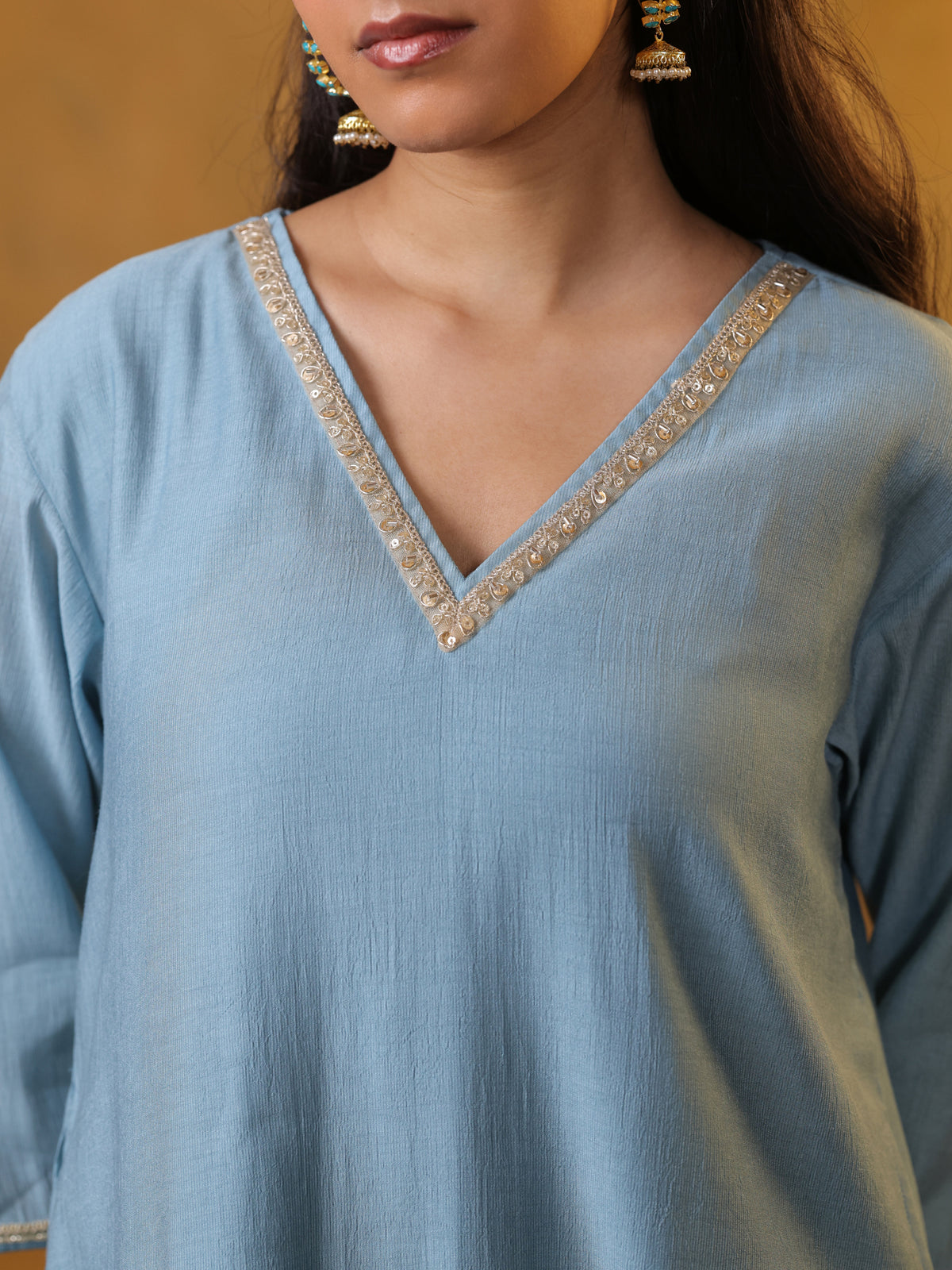 Festive MulChanderi Kurta Set with Dupatta - Pastel Blue