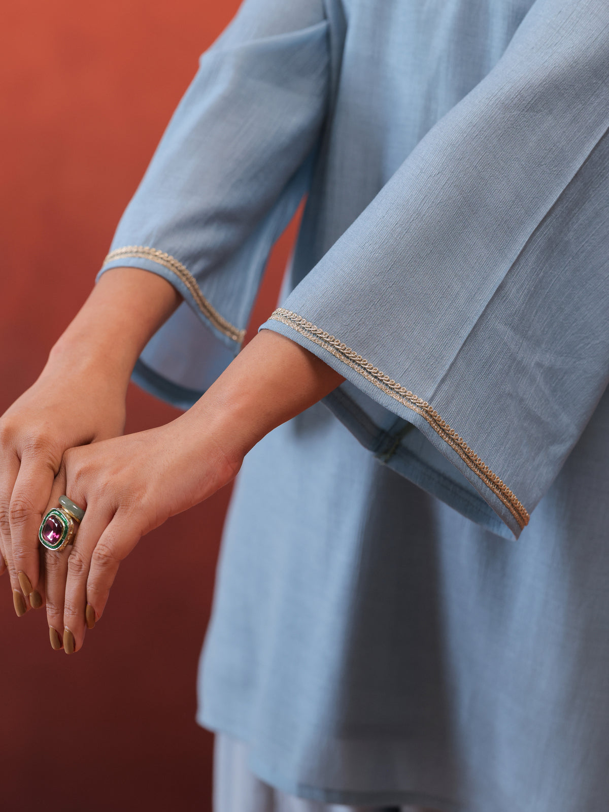 MulChanderi Short Kurta With Balloon Pant - Pastel Blue