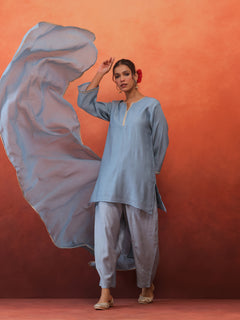 MulChanderi Short Kurta With Balloon Pant - Pastel Blue