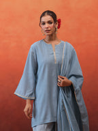 MulChanderi Short Kurta With Balloon Pant - Pastel Blue
