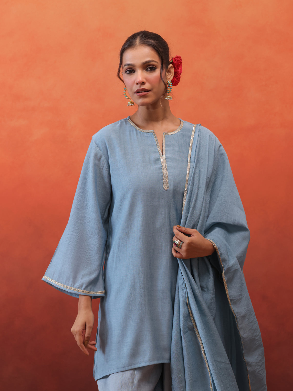 MulChanderi Short Kurta With Balloon Pant - Pastel Blue