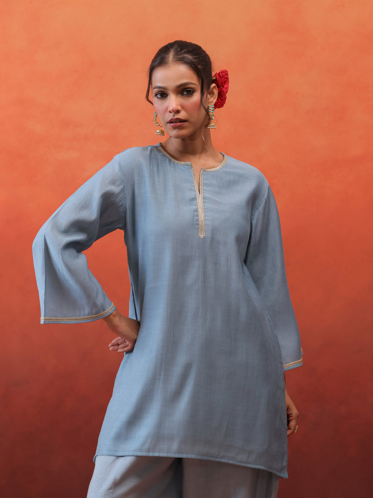 MulChanderi Short Kurta With Balloon Pant - Pastel Blue