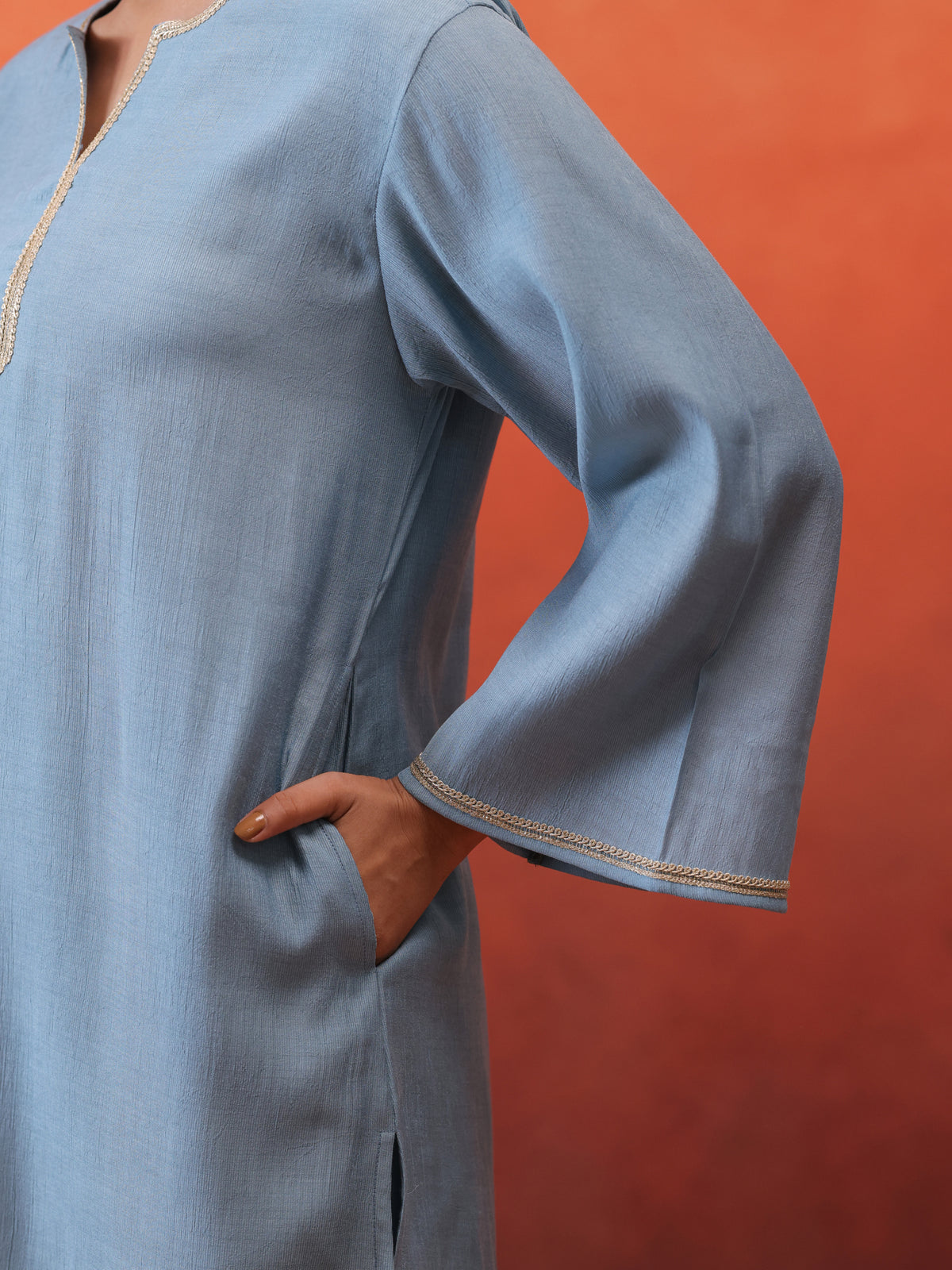 MulChanderi Short Kurta With Balloon Pant - Pastel Blue