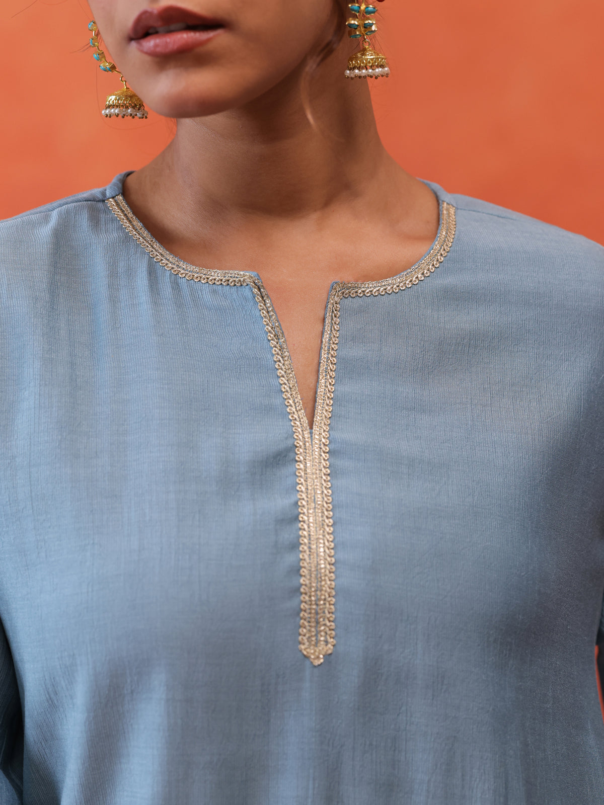 MulChanderi Short Kurta With Balloon Pant - Pastel Blue