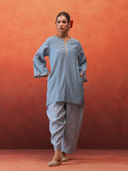 MulChanderi Short Kurta With Balloon Pant - Pastel Blue