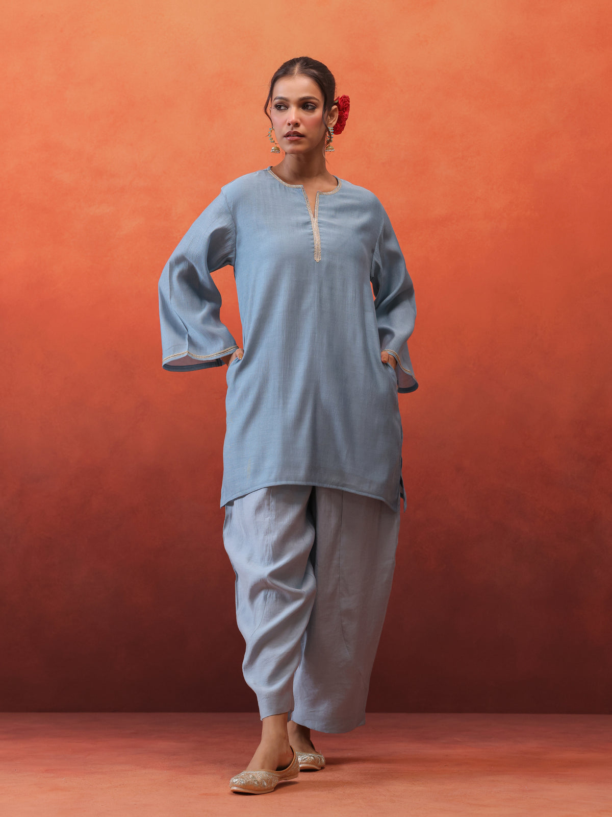 MulChanderi Short Kurta With Balloon Pant - Pastel Blue