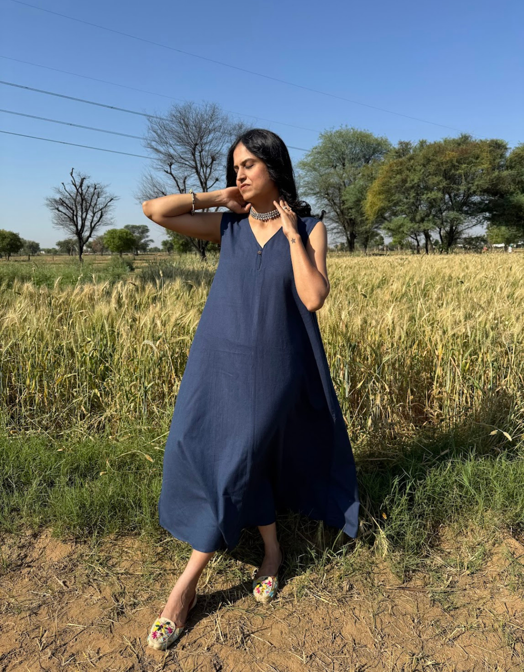 Blue Cotton Flex Sleeveless Long Dress