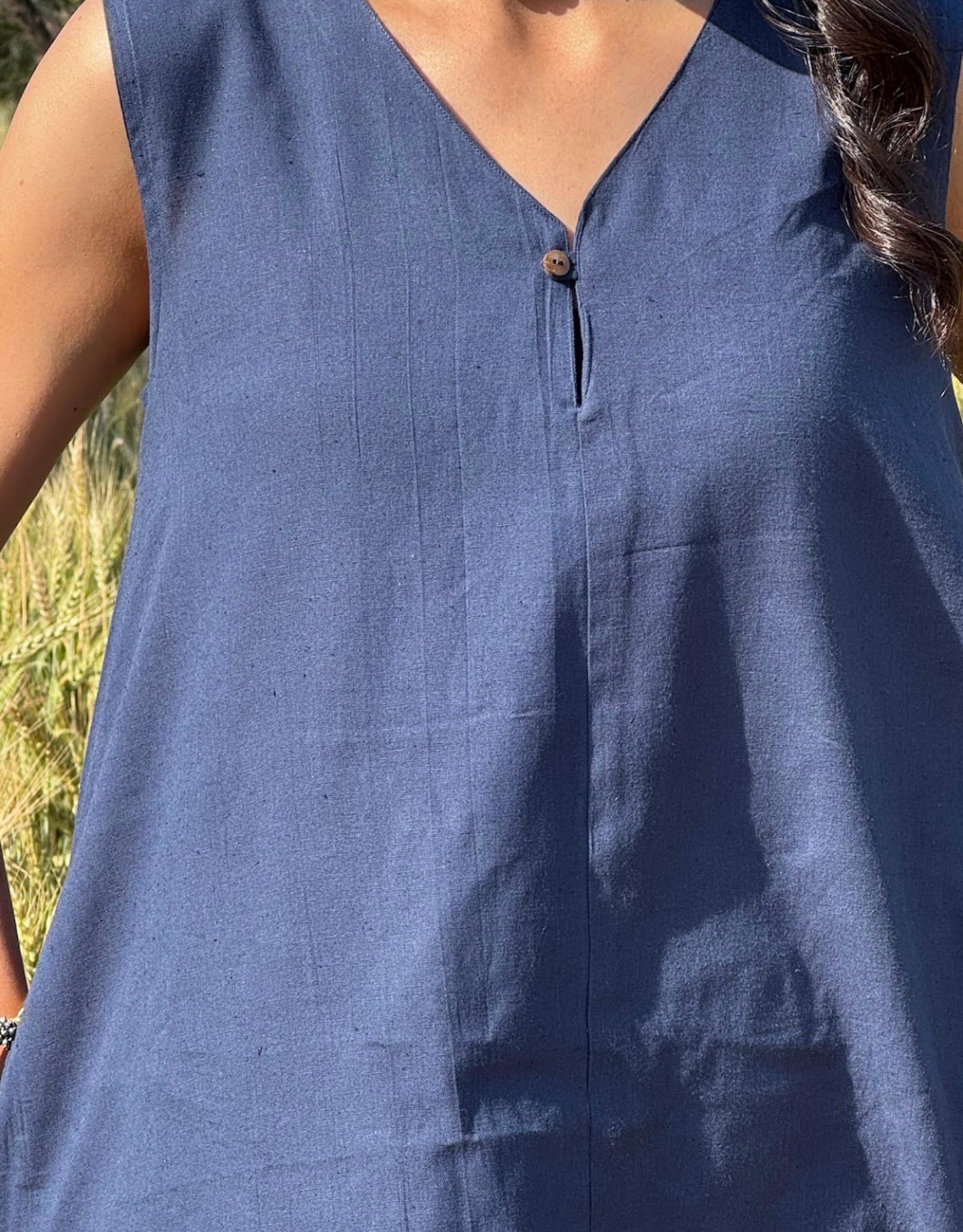 Blue Cotton Flex Sleeveless Long Dress