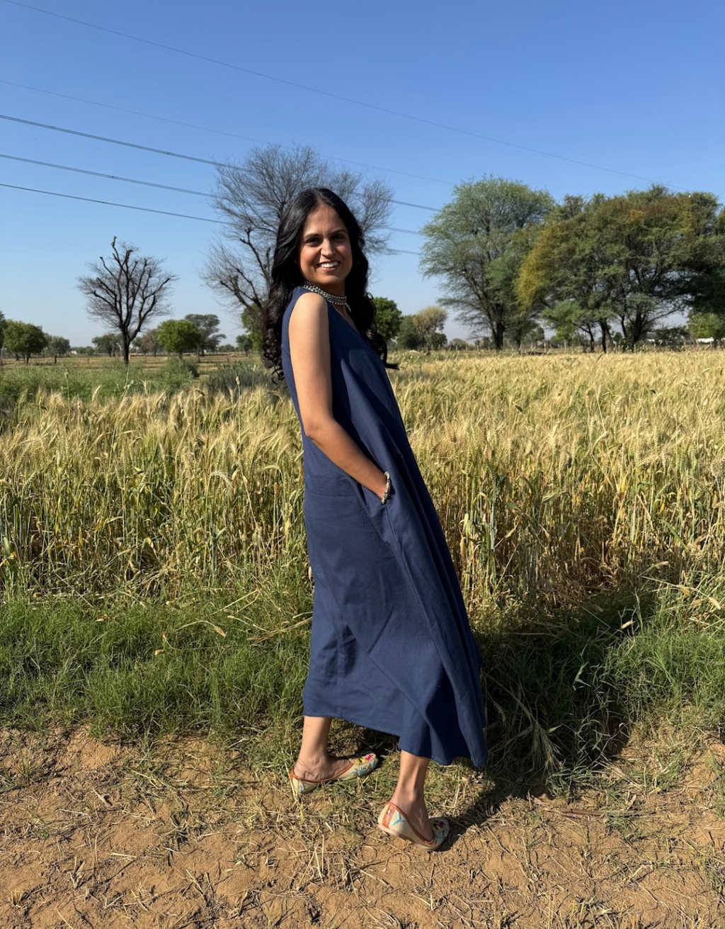 Blue Cotton Flex Sleeveless Long Dress