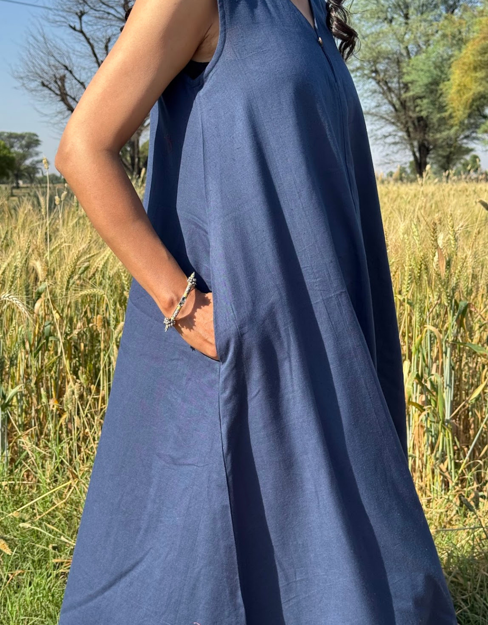 Blue Cotton Flex Sleeveless Long Dress