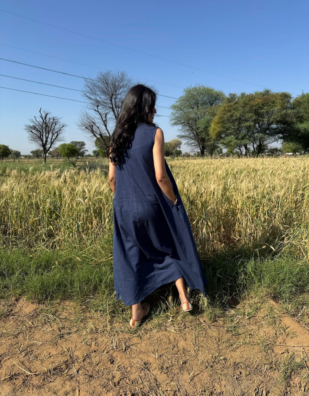 Blue Cotton Flex Sleeveless Long Dress