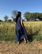 Blue Cotton Flex Sleeveless Long Dress