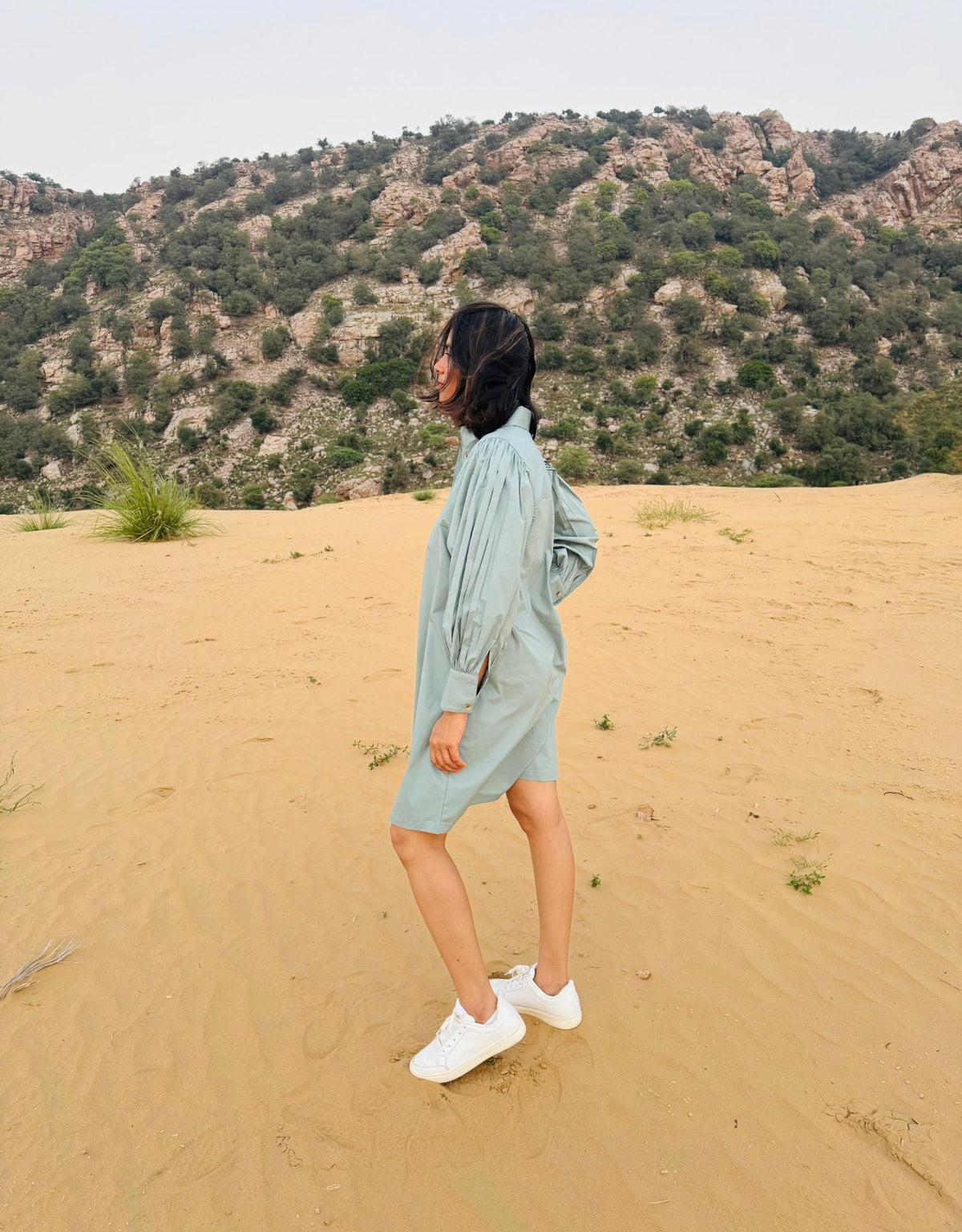 Stretch Ripstop Solid Gathered Dress - Blue