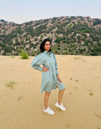 Stretch Ripstop Solid Gathered Dress - Blue