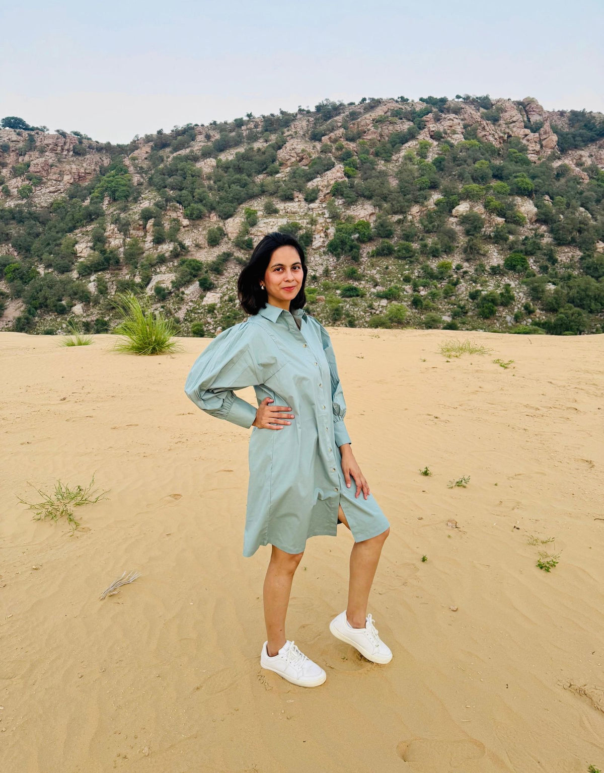 Stretch Ripstop Solid Gathered Dress - Blue