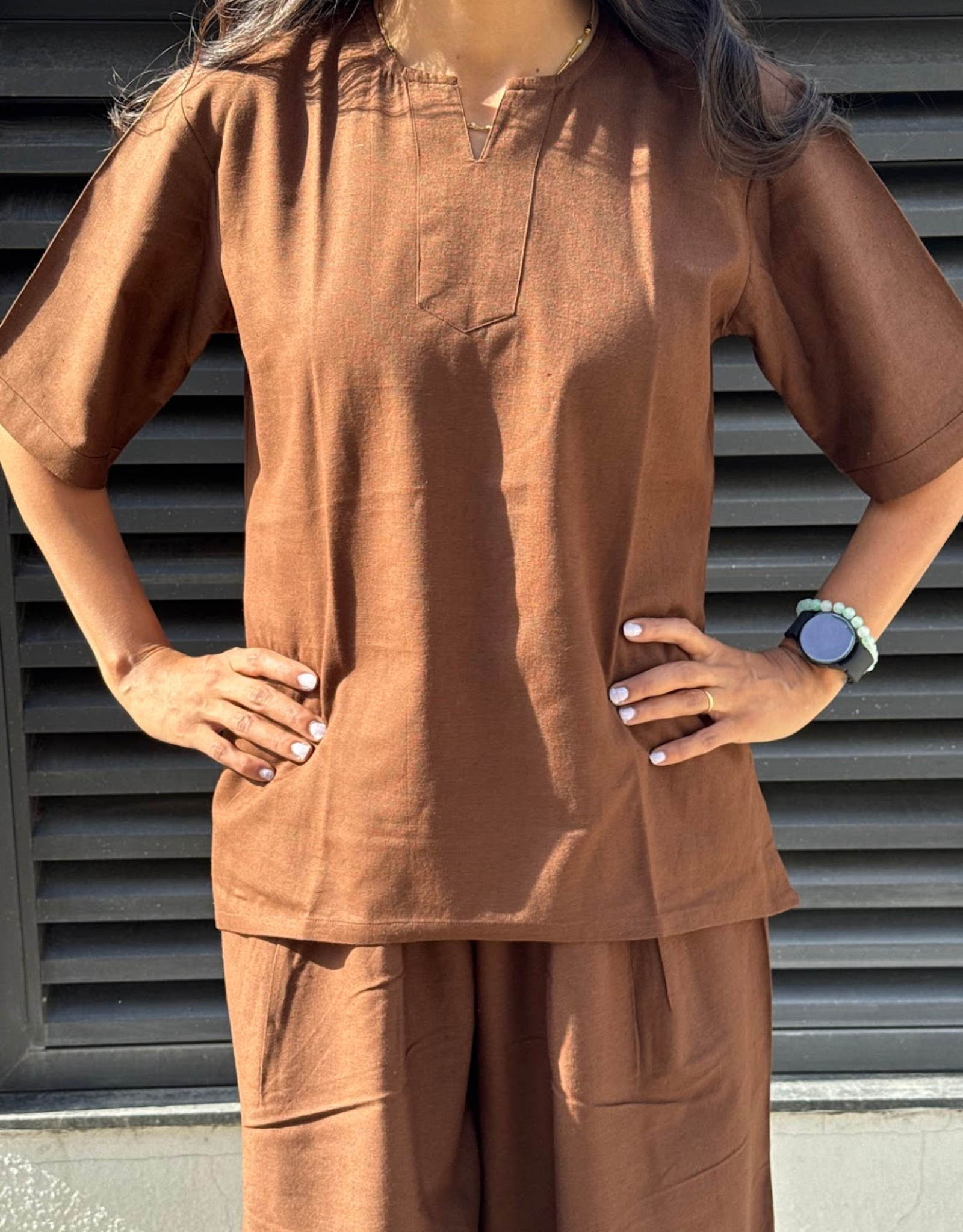 Brown Short Culotte Cotton Flex Co-Ord Set