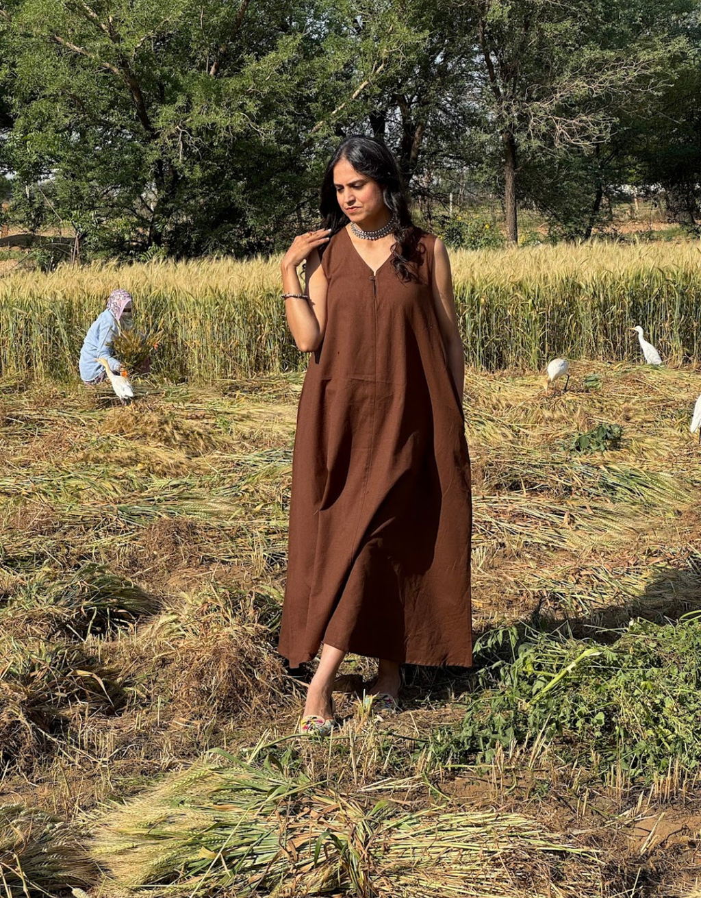 Brown Cotton Flex Sleeveless Long Dress
