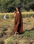 Brown Cotton Flex Sleeveless Long Dress
