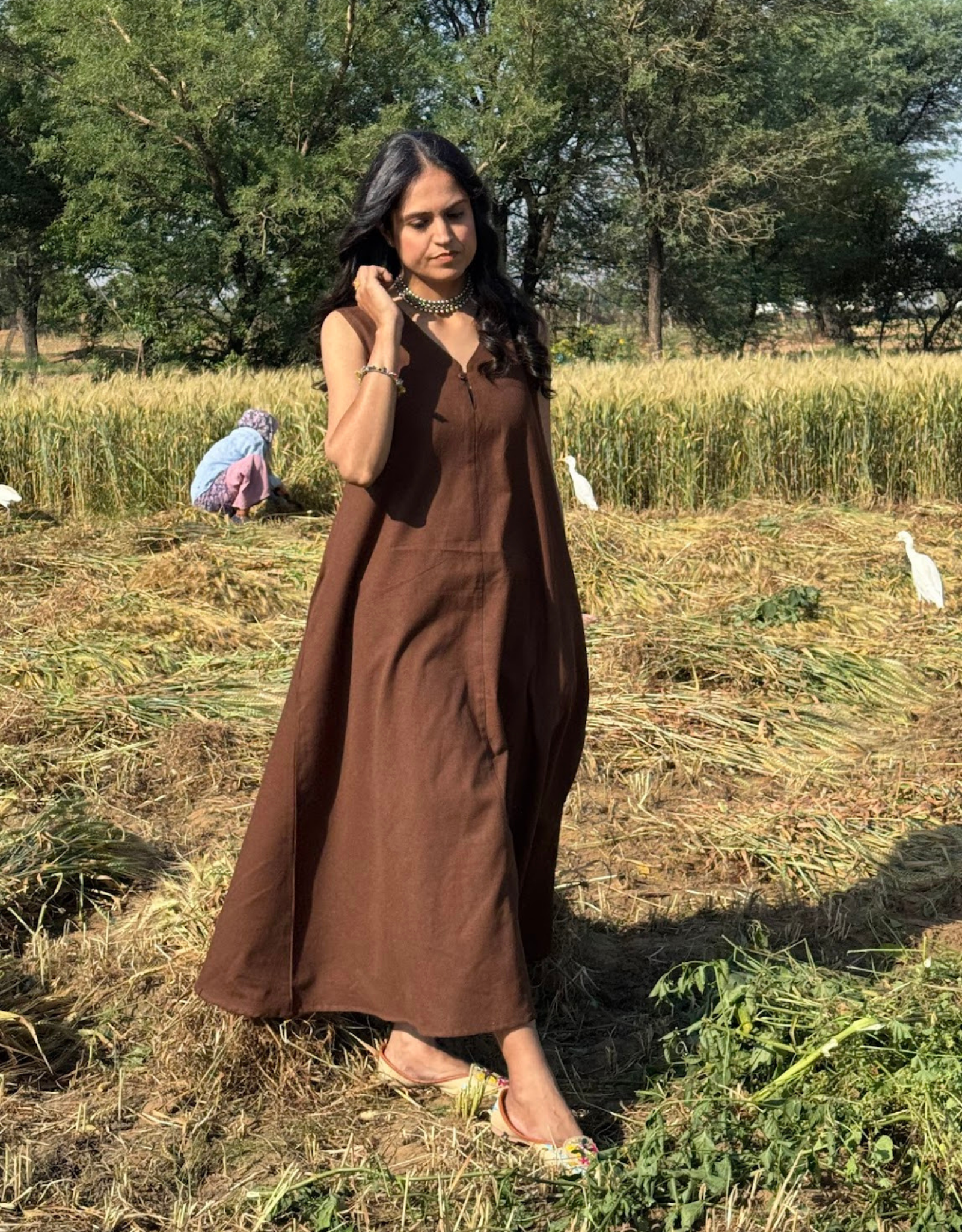 Brown Cotton Flex Sleeveless Long Dress