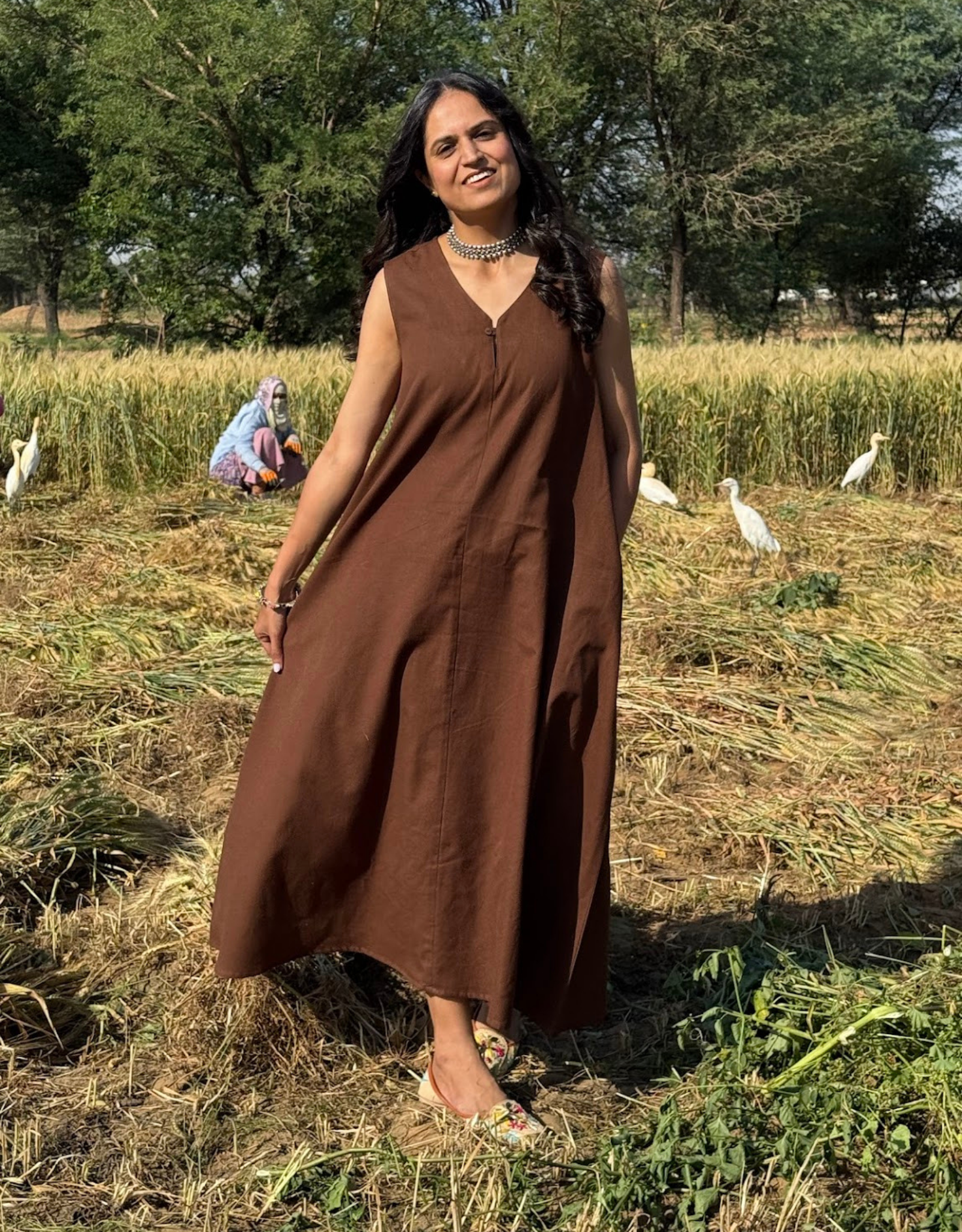 Brown Cotton Flex Sleeveless Long Dress