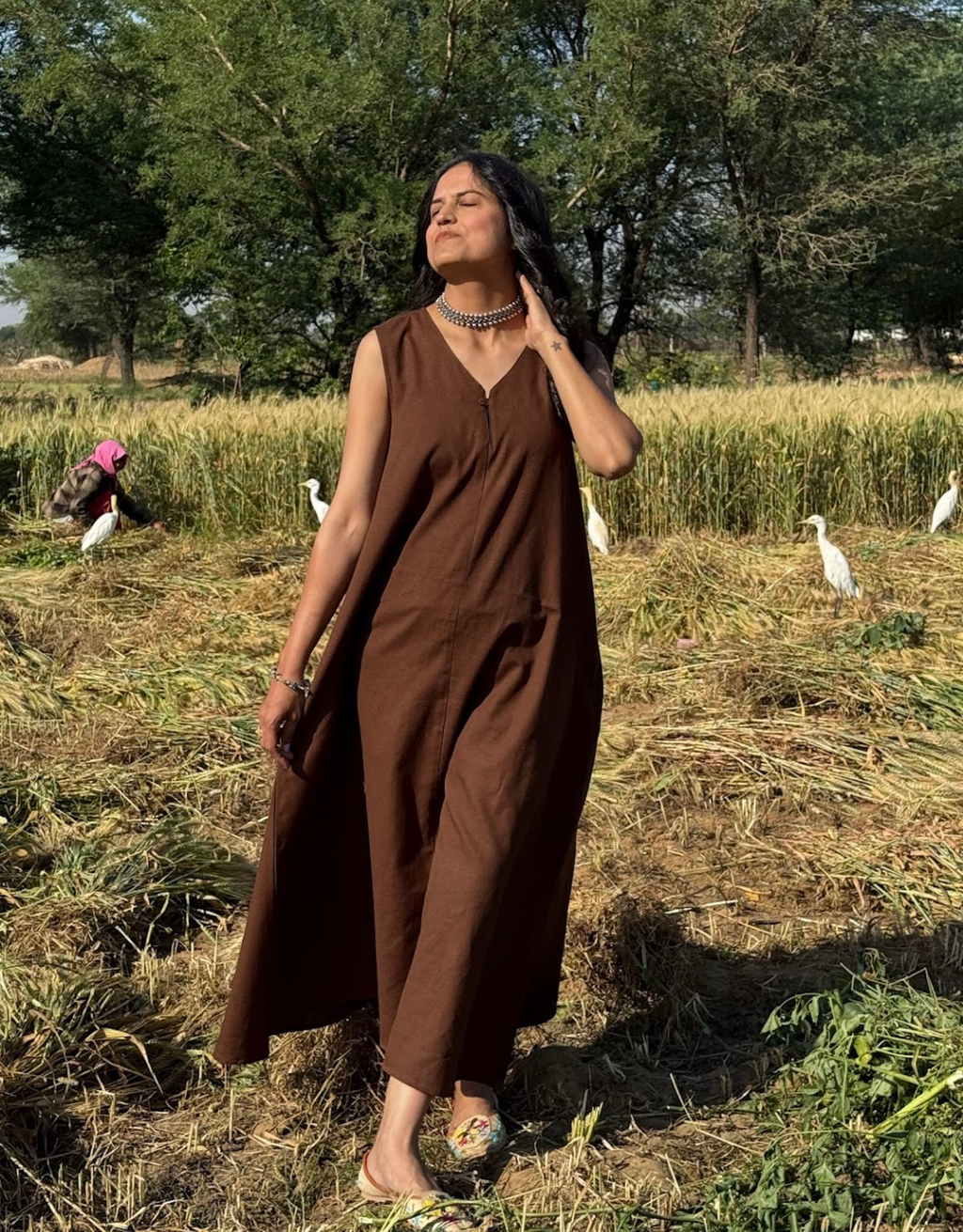 Brown Cotton Flex Sleeveless Long Dress