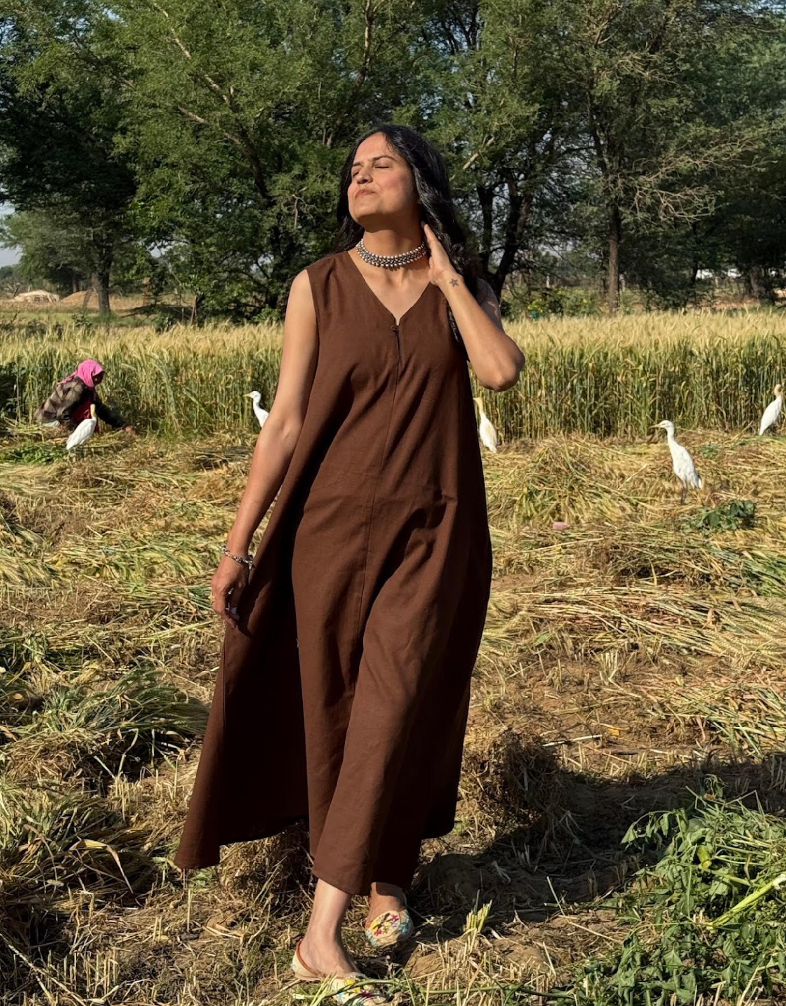 Brown Cotton Flex Sleeveless Long Dress