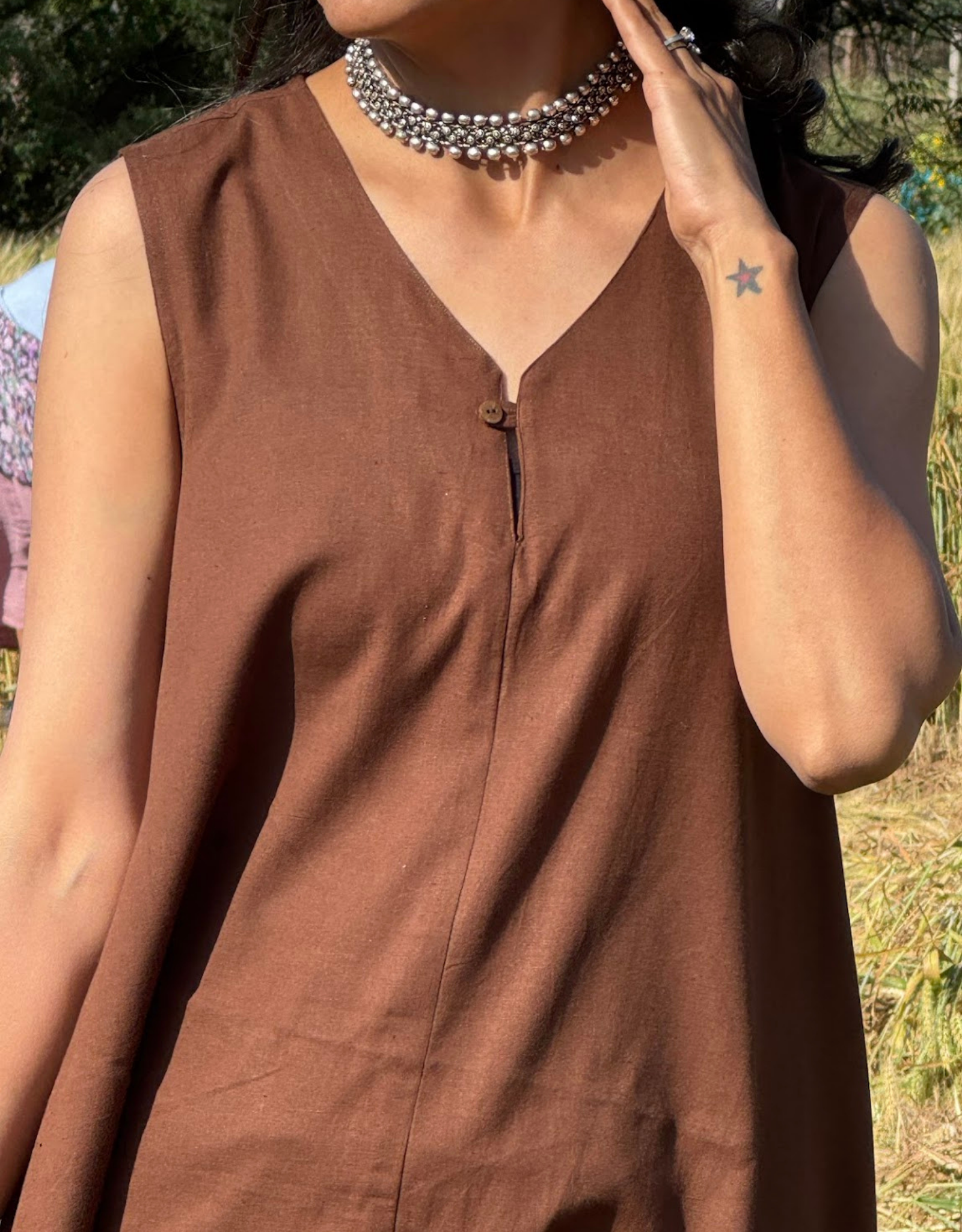 Brown Cotton Flex Sleeveless Long Dress