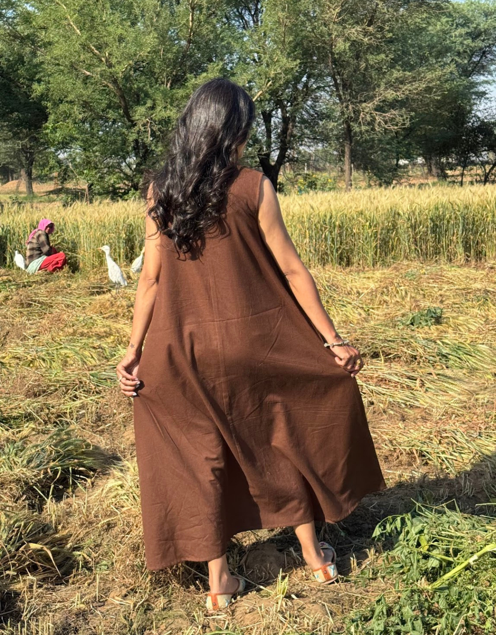 Brown Cotton Flex Sleeveless Long Dress