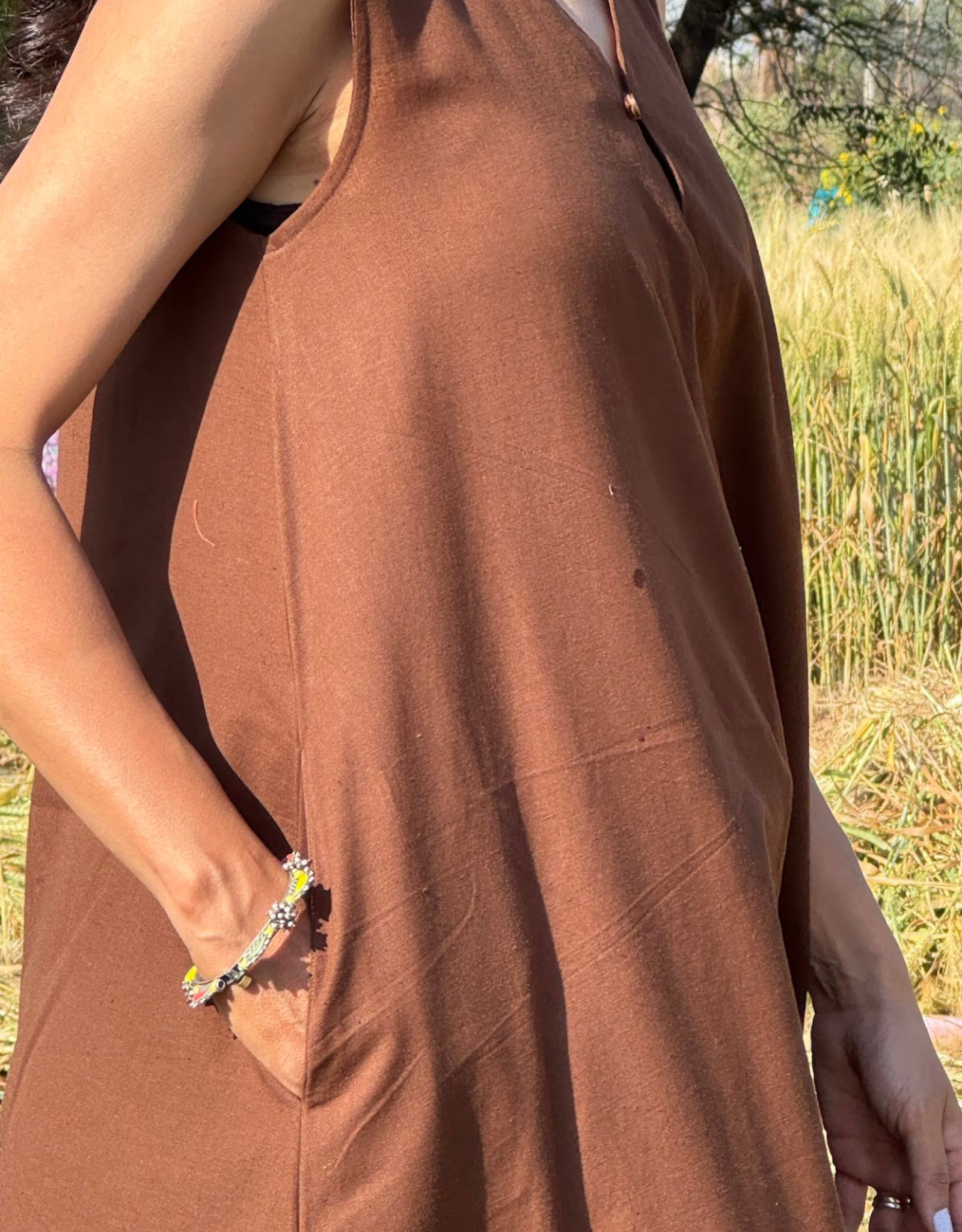 Brown Cotton Flex Sleeveless Long Dress
