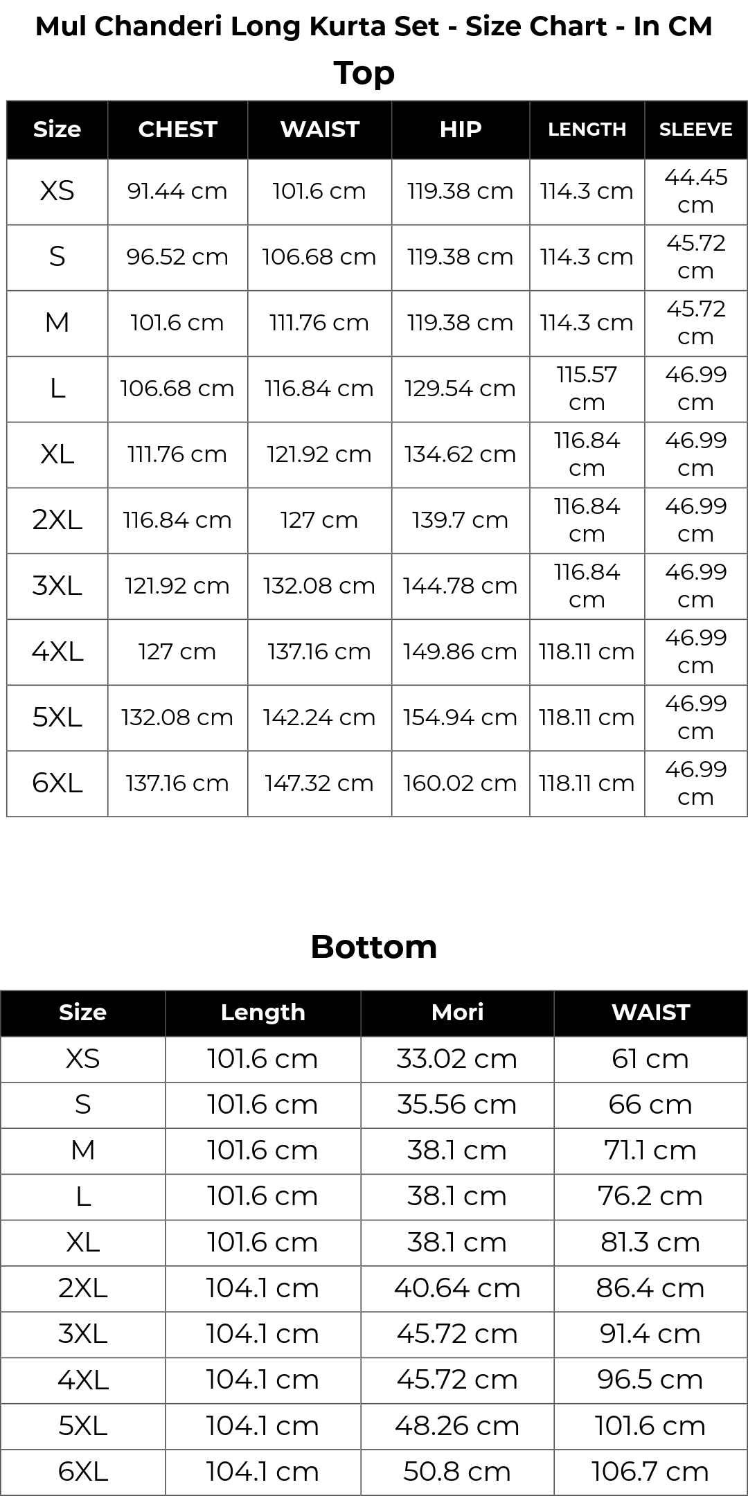 Size chart cm