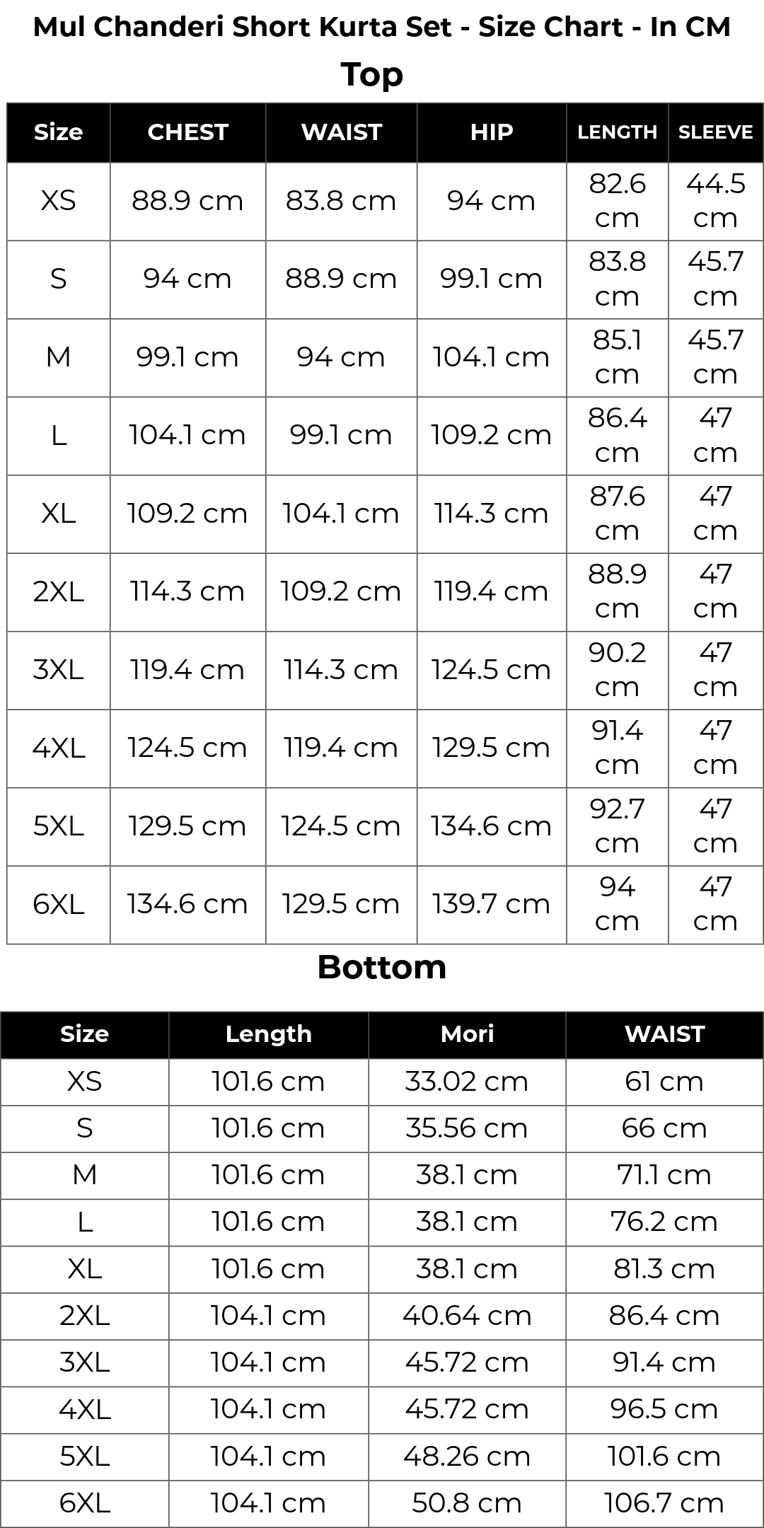 Size chart cm