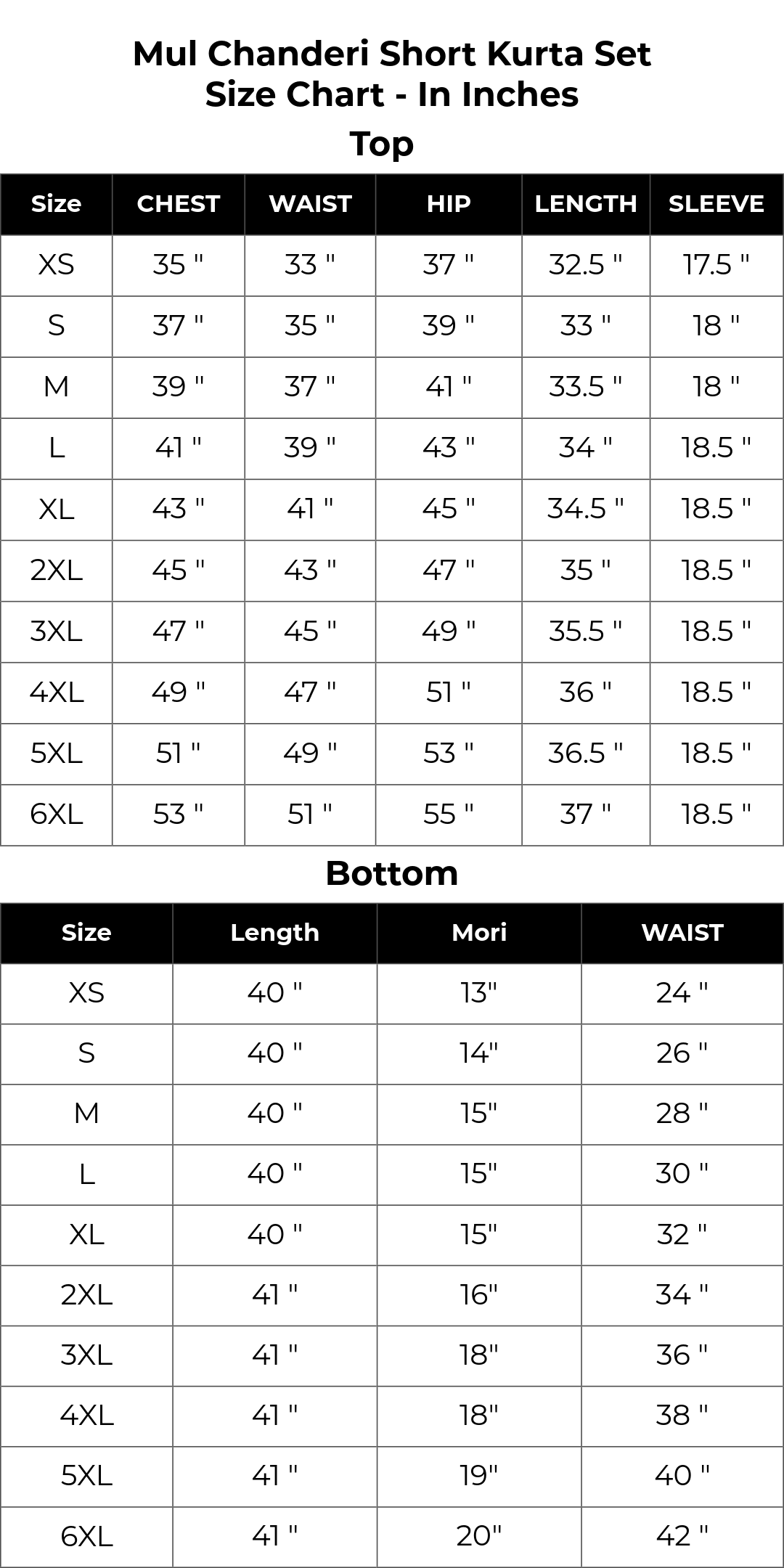 Size chart inches