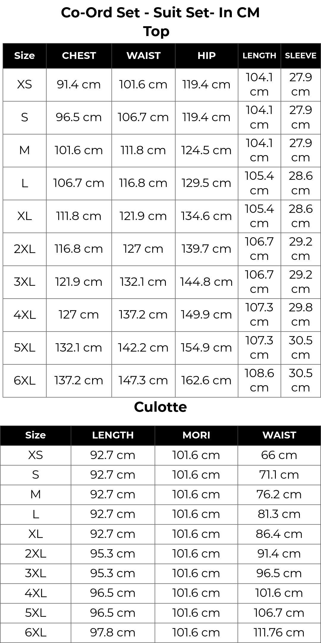Size chart cm
