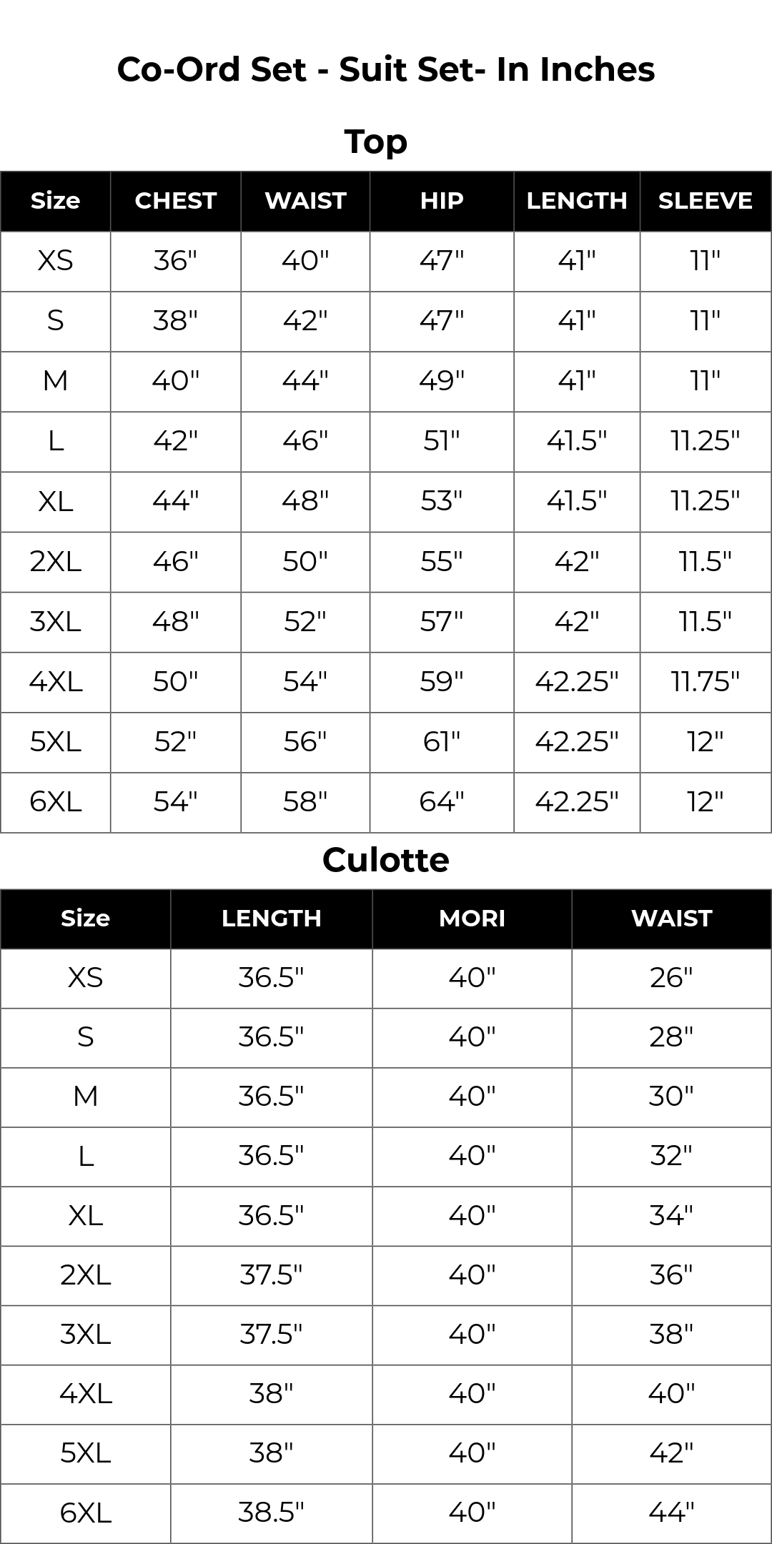 Size chart inches