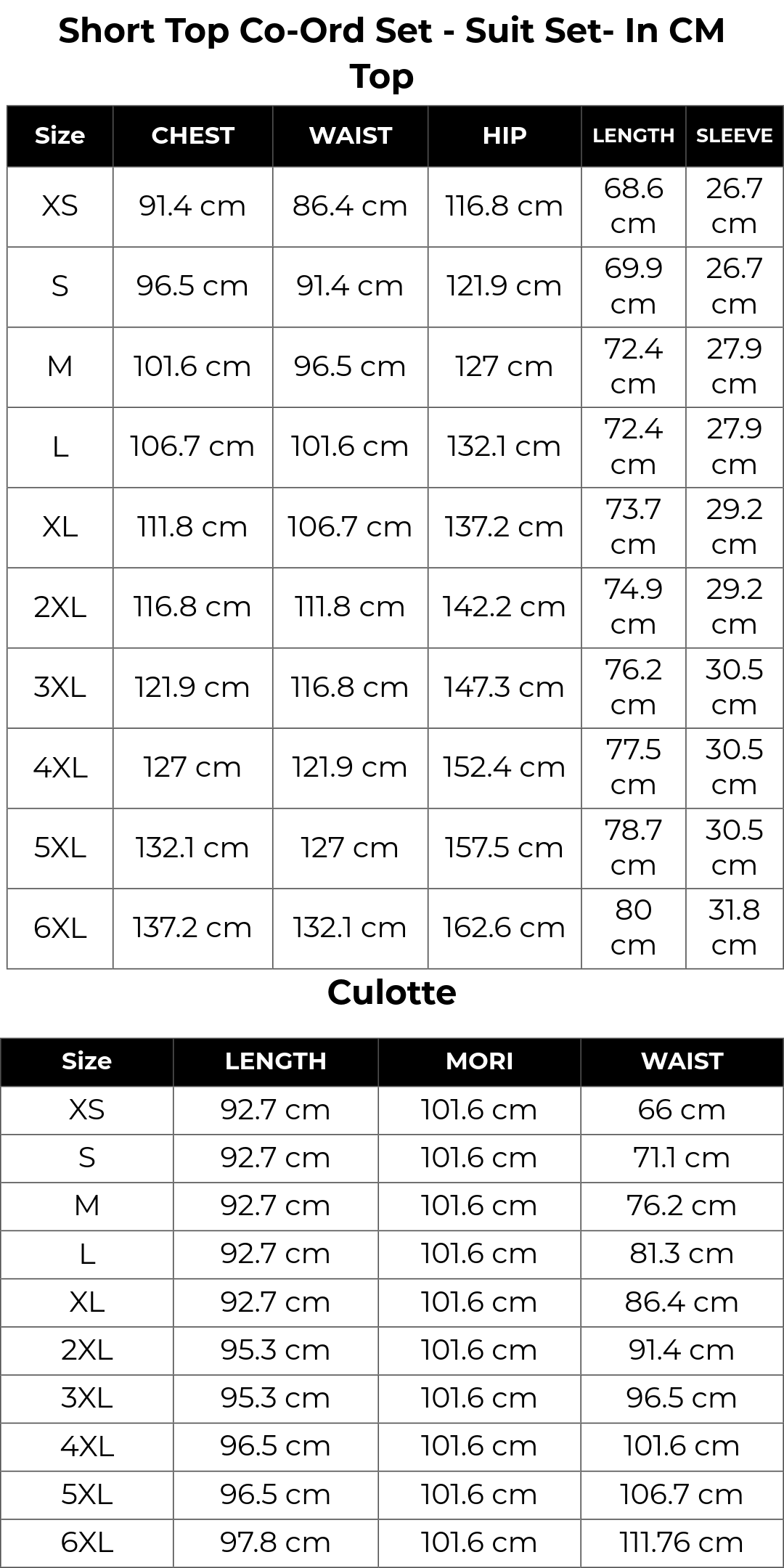 Size chart cm