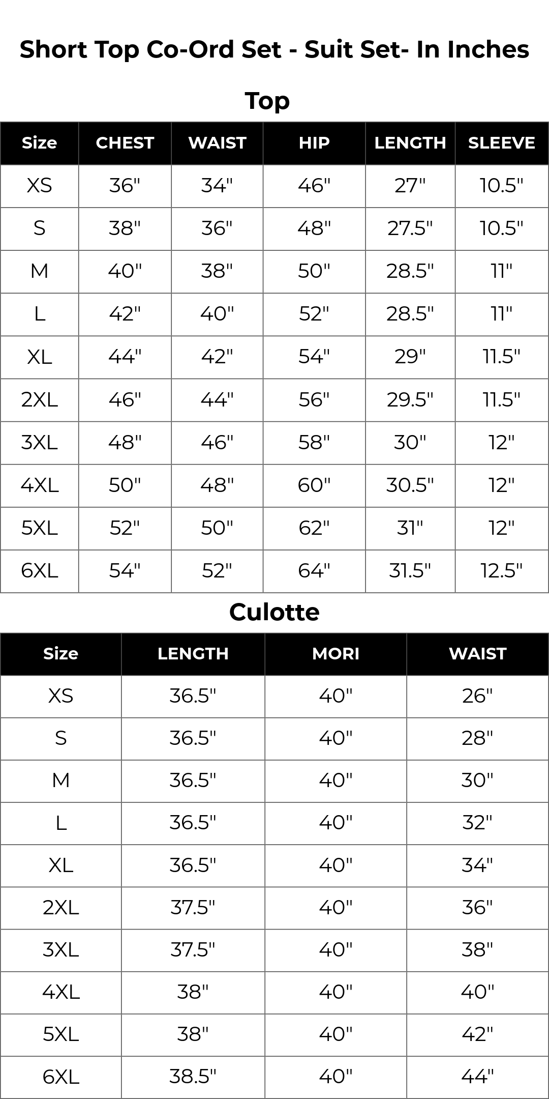Size chart inches
