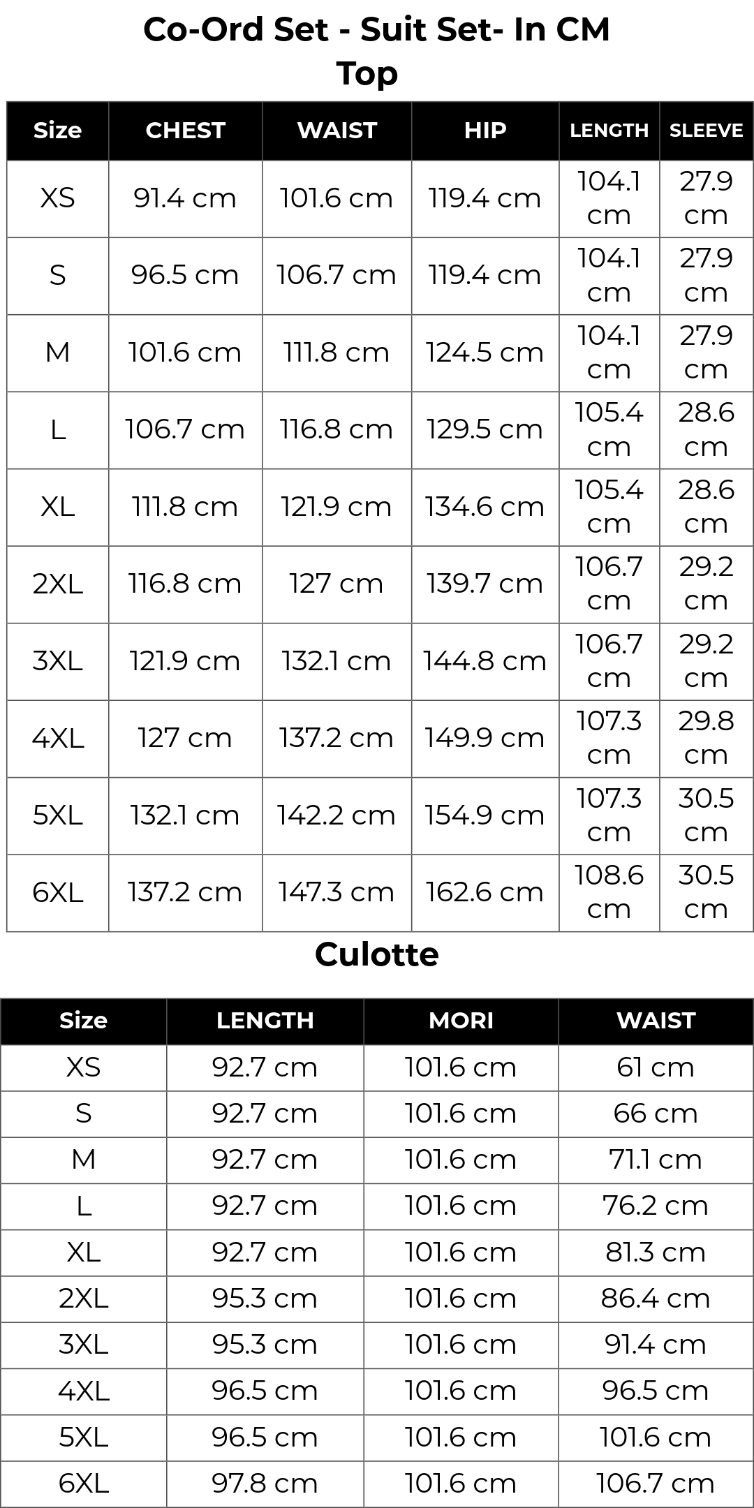 Size chart cm